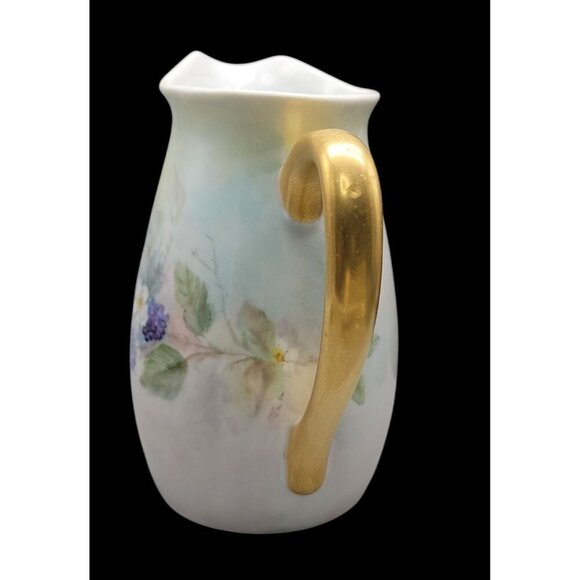 Blackberry Floral Handpainted Pitcher Gold Handle Unmarked Vintage Ceramic 5.5" - Picture 2 of 10